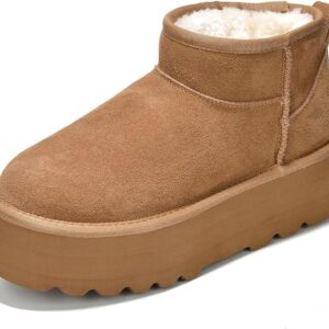 Genuine suede, faux fur lining, comfortable winter slip-on design - Hippie Women's Platform Ankle Boots with 5mm thickening -, wide and comfortable footwear